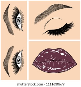 Illustration with collage of woman's eye, eyebrows, eyelashes, sexy lips and luxury lipstick . Makeup Look. Tattoo design. Logo for brow bar, lash or beauty salon.