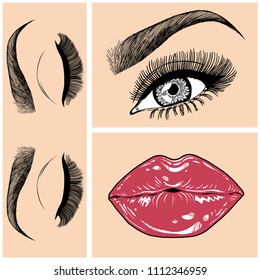 Illustration with collage of woman's eye, eyebrows, eyelashes, sexy lips and luxury lipstick . Makeup Look. Tattoo design. Logo for brow bar, lash or beauty salon.