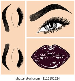 Illustration with collage of woman's eye, eyebrows, eyelashes, sexy lips and luxury lipstick . Makeup Look. Tattoo design. Logo for brow bar, lash or beauty salon.