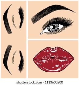 Illustration with collage of woman's eye, eyebrows, eyelashes, sexy lips and luxury lipstick . Makeup Look. Tattoo design. Logo for brow bar, lash or beauty salon.