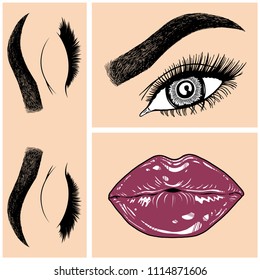 Illustration with collage of woman's eye, eyebrows, eyelashes, sexy lips and luxury lipstick . Makeup Look. Tattoo design. Logo for brow bar, lash or beauty salon.