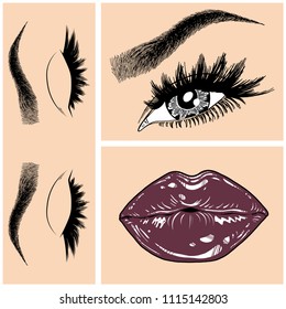 Illustration with collage of woman's eye, eyebrows, eyelashes, sexy lips and luxury lipstick . Makeup Look. Tattoo design. Logo for brow bar, lash or beauty salon.