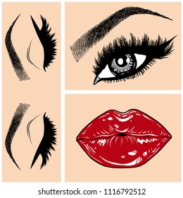 Illustration with collage of woman's eye, eyebrows, eyelashes, sexy lips and luxury lipstick . Makeup Look. Tattoo design. Logo for brow bar, lash or beauty salon.