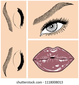 Illustration with collage of woman's eye, eyebrows, eyelashes, sexy lips and luxury lipstick . Makeup Look. Tattoo design. Logo for brow bar, lash or beauty salon.