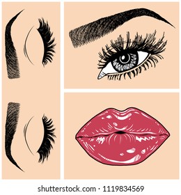 Illustration with collage of woman's eye, eyebrows, eyelashes, sexy lips and luxury lipstick . Makeup Look. Tattoo design. Logo for brow bar, lash or beauty salon.