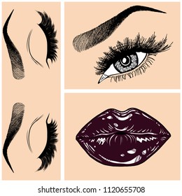 Illustration with collage of woman's eye, eyebrows, eyelashes, sexy lips and luxury lipstick . Makeup Look. Tattoo design. Logo for brow bar, lash or beauty salon.