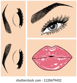 Illustration with collage of woman's eye, eyebrows, eyelashes, sexy lips and luxury lipstick . Makeup Look. Tattoo design. Logo for brow bar, lash or beauty salon.
