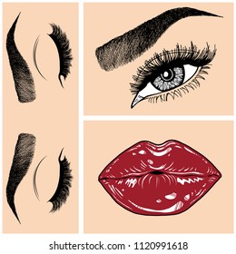 Illustration with collage of woman's eye, eyebrows, eyelashes, sexy lips and luxury lipstick . Makeup Look. Tattoo design. Logo for brow bar, lash or beauty salon.