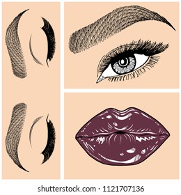 Illustration with collage of woman's eye, eyebrows, eyelashes, sexy lips and luxury lipstick . Makeup Look. Tattoo design. Logo for brow bar, lash or beauty salon.