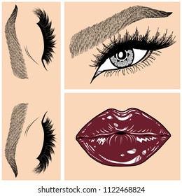 Illustration with collage of woman's eye, eyebrows, eyelashes, sexy lips and luxury lipstick . Makeup Look. Tattoo design. Logo for brow bar, lash or beauty salon.