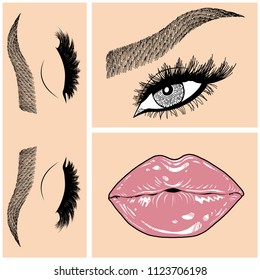 Illustration with collage of woman's eye, eyebrows, eyelashes, sexy lips and luxury lipstick . Makeup Look. Tattoo design. Logo for brow bar, lash or beauty salon.