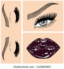Illustration with collage of woman's eye, eyebrows, eyelashes, sexy lips and luxury lipstick . Makeup Look. Tattoo design. Logo for brow bar, lash or beauty salon.