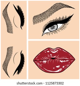 Illustration with collage of woman's eye, eyebrows, eyelashes, sexy lips and luxury lipstick . Makeup Look. Tattoo design. Logo for brow bar, lash or beauty salon.