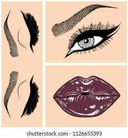 Illustration with collage of woman's eye, eyebrows, eyelashes, sexy lips and luxury lipstick . Makeup Look. Tattoo design. Logo for brow bar, lash or beauty salon.