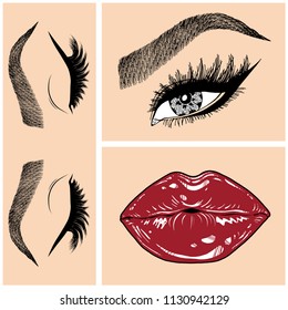 Illustration with collage of woman's eye, eyebrows, eyelashes, sexy lips and luxury lipstick . Makeup Look. Tattoo design. Logo for brow bar, lash or beauty salon.