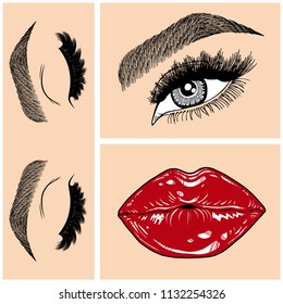 Illustration with collage of woman's eye, eyebrows, eyelashes, sexy lips and luxury lipstick . Makeup Look. Tattoo design. Logo for brow bar, lash or beauty salon.