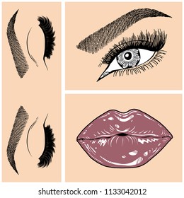 Illustration with collage of woman's eye, eyebrows, eyelashes, sexy lips and luxury lipstick . Makeup Look. Tattoo design. Logo for brow bar, lash or beauty salon.