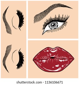Illustration with collage of woman's eye, eyebrows, eyelashes, sexy lips and luxury lipstick . Makeup Look. Tattoo design. Logo for brow bar, lash or beauty salon.