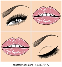 Illustration with collage of woman's eye, eyebrows, eyelashes, sexy lips and luxury lipstick . Makeup Look. Tattoo design. Logo for brow bar, lash or beauty salon.