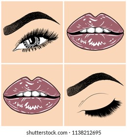 Illustration with collage of woman's eye, eyebrows, eyelashes, sexy lips and luxury lipstick . Makeup Look. Tattoo design. Logo for brow bar, lash or beauty salon.