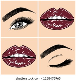 Illustration with collage of woman's eye, eyebrows, eyelashes, sexy lips and luxury lipstick . Makeup Look. Tattoo design. Logo for brow bar, lash or beauty salon.
