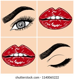 Illustration with collage of woman's eye, eyebrows, eyelashes, sexy lips and luxury lipstick . Makeup Look. Tattoo design. Logo for brow bar, lash or beauty salon.