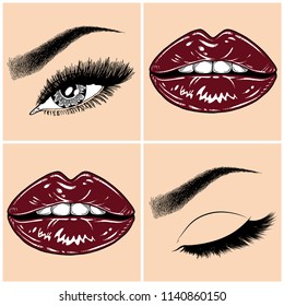 Illustration with collage of woman's eye, eyebrows, eyelashes, sexy lips and luxury lipstick . Makeup Look. Tattoo design. Logo for brow bar, lash or beauty salon.