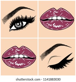 Illustration with collage of woman's eye, eyebrows, eyelashes, sexy lips and luxury lipstick . Makeup Look. Tattoo design. Logo for brow bar, lash or beauty salon.