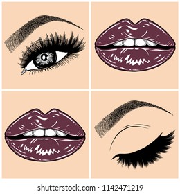 Illustration with collage of woman's eye, eyebrows, eyelashes, sexy lips and luxury lipstick . Makeup Look. Tattoo design. Logo for brow bar, lash or beauty salon.