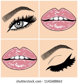 Illustration with collage of woman's eye, eyebrows, eyelashes, sexy lips and luxury lipstick . Makeup Look. Tattoo design. Logo for brow bar, lash or beauty salon.