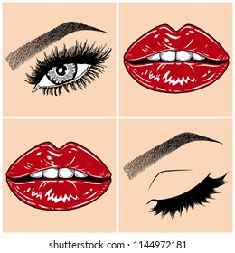 Illustration with collage of woman's eye, eyebrows, eyelashes, sexy lips and luxury lipstick . Makeup Look. Tattoo design. Logo for brow bar, lash or beauty salon.