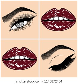 Illustration with collage of woman's eye, eyebrows, eyelashes, sexy lips and luxury lipstick . Makeup Look. Tattoo design. Logo for brow bar, lash or beauty salon.