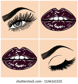 Illustration with collage of woman's eye, eyebrows, eyelashes, sexy lips and luxury lipstick . Makeup Look. Tattoo design. Logo for brow bar, lash or beauty salon.