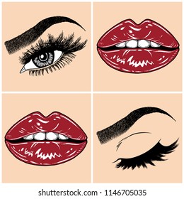 Illustration with collage of woman's eye, eyebrows, eyelashes, sexy lips and luxury lipstick . Makeup Look. Tattoo design. Logo for brow bar, lash or beauty salon.