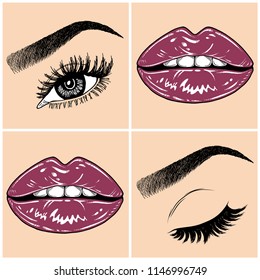 Illustration with collage of woman's eye, eyebrows, eyelashes, sexy lips and luxury lipstick . Makeup Look. Tattoo design. Logo for brow bar, lash or beauty salon.