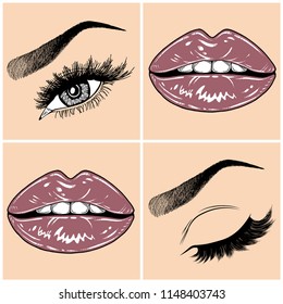 Illustration with collage of woman's eye, eyebrows, eyelashes, sexy lips and luxury lipstick . Makeup Look. Tattoo design. Logo for brow bar, lash or beauty salon.