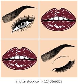 Illustration with collage of woman's eye, eyebrows, eyelashes, sexy lips and luxury lipstick . Makeup Look. Tattoo design. Logo for brow bar, lash or beauty salon.