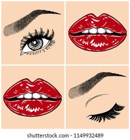 Illustration with collage of woman's eye, eyebrows, eyelashes, sexy lips and luxury lipstick . Makeup Look. Tattoo design. Logo for brow bar, lash or beauty salon.