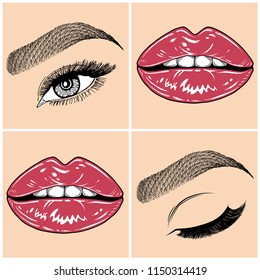 Illustration with collage of woman's eye, eyebrows, eyelashes, sexy lips and luxury lipstick . Makeup Look. Tattoo design. Logo for brow bar, lash or beauty salon.