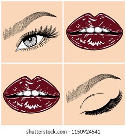 Illustration with collage of woman's eye, eyebrows, eyelashes, sexy lips and luxury lipstick . Makeup Look. Tattoo design. Logo for brow bar, lash or beauty salon.