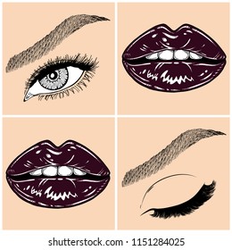 Illustration with collage of woman's eye, eyebrows, eyelashes, sexy lips and luxury lipstick . Makeup Look. Tattoo design. Logo for brow bar, lash or beauty salon.