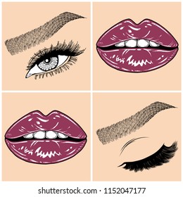Illustration with collage of woman's eye, eyebrows, eyelashes, sexy lips and luxury lipstick . Makeup Look. Tattoo design. Logo for brow bar, lash or beauty salon.