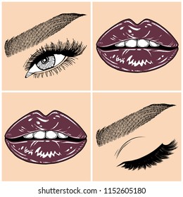 Illustration with collage of woman's eye, eyebrows, eyelashes, sexy lips and luxury lipstick . Makeup Look. Tattoo design. Logo for brow bar, lash or beauty salon.