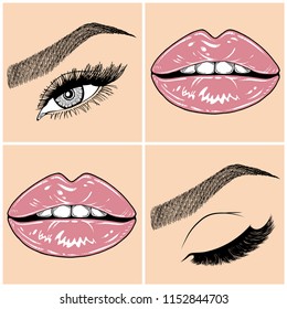 Illustration with collage of woman's eye, eyebrows, eyelashes, sexy lips and luxury lipstick . Makeup Look. Tattoo design. Logo for brow bar, lash or beauty salon.