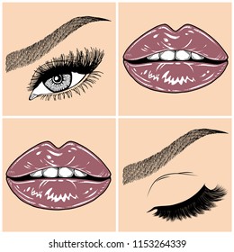 Illustration with collage of woman's eye, eyebrows, eyelashes, sexy lips and luxury lipstick . Makeup Look. Tattoo design. Logo for brow bar, lash or beauty salon.