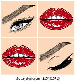Illustration with collage of woman's eye, eyebrows, eyelashes, sexy lips and luxury lipstick . Makeup Look. Tattoo design. Logo for brow bar, lash or beauty salon.