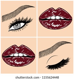 Illustration with collage of woman's eye, eyebrows, eyelashes, sexy lips and luxury lipstick . Makeup Look. Tattoo design. Logo for brow bar, lash or beauty salon.