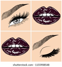 Illustration with collage of woman's eye, eyebrows, eyelashes, sexy lips and luxury lipstick . Makeup Look. Tattoo design. Logo for brow bar, lash or beauty salon.