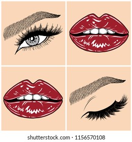 Illustration with collage of woman's eye, eyebrows, eyelashes, sexy lips and luxury lipstick . Makeup Look. Tattoo design. Logo for brow bar, lash or beauty salon.