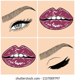 Illustration with collage of woman's eye, eyebrows, eyelashes, sexy lips and luxury lipstick . Makeup Look. Tattoo design. Logo for brow bar, lash or beauty salon.